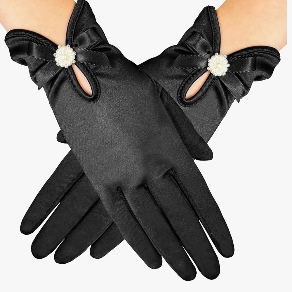 Elegant Black Satin‎ Gloves with Pearl Detail